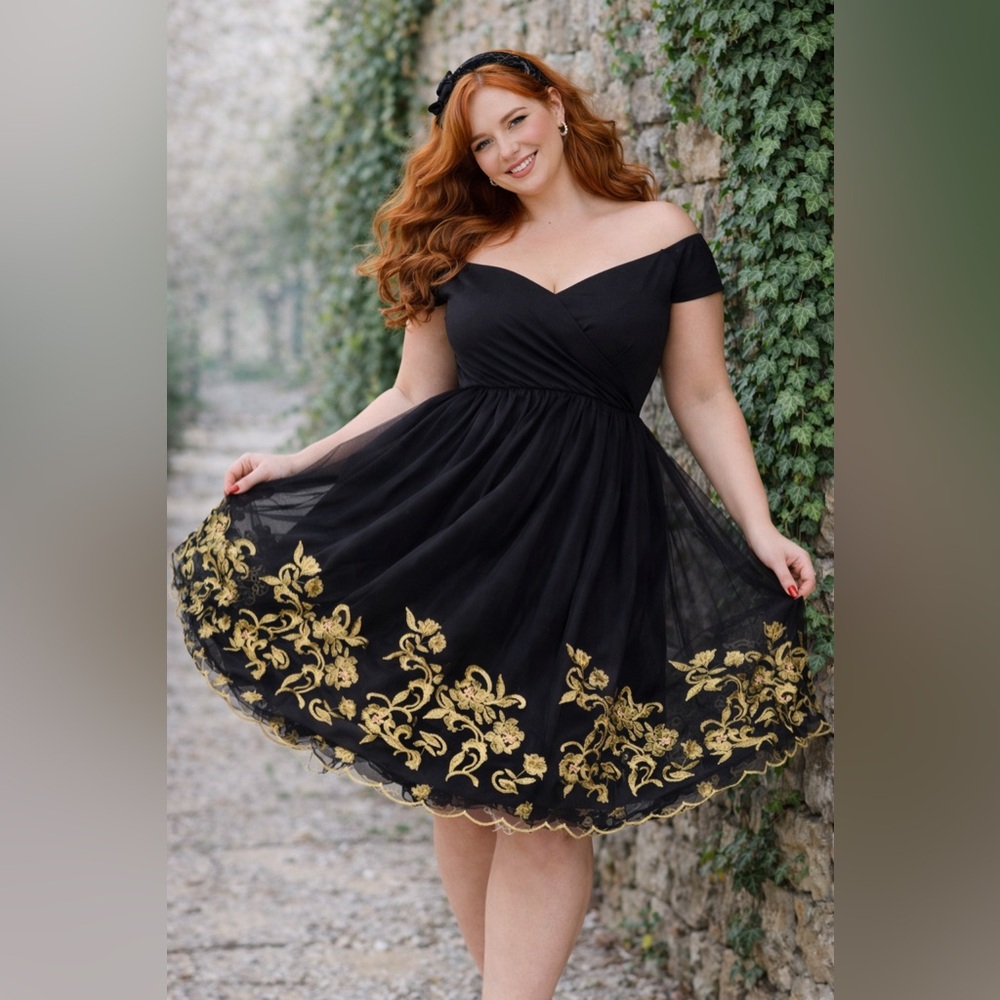 Torrid Retro Chic Black & Gold Embroidered Tulle Swing Dress, Size 14, NWT! - Picture 9 of 16
